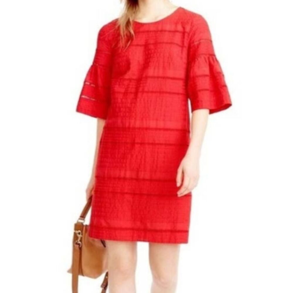 J.Crew Eyelet Flutter Bell Sleeve Shift Mini Dress Coral Orange Red Cotton Sz 4